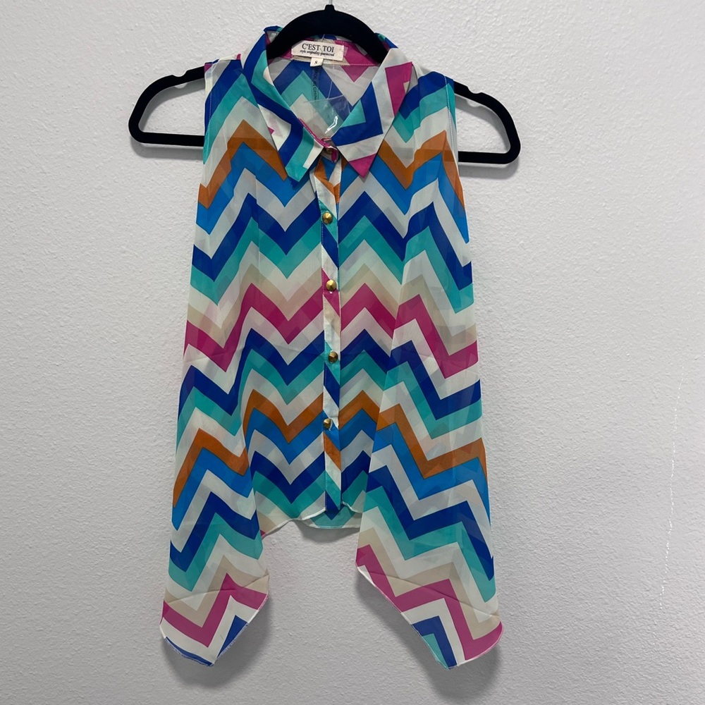 C’est Toi Rainbow Chevron Button Up Tank Blouse Size Small